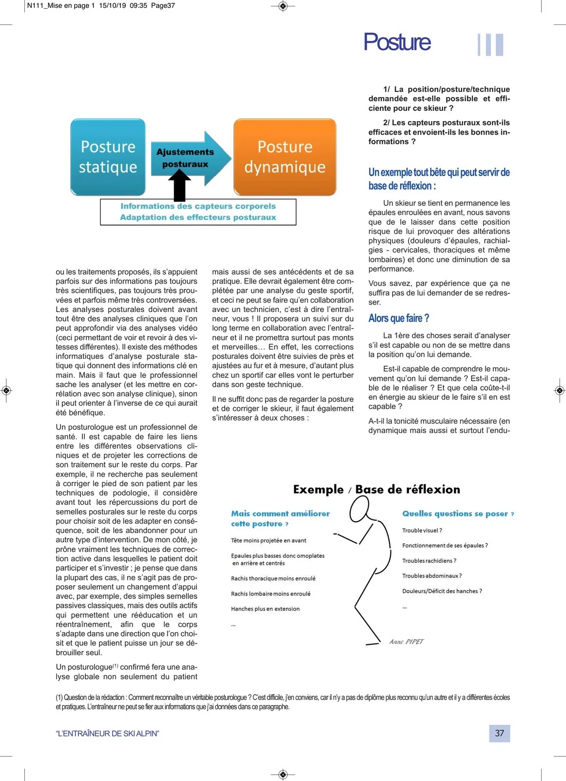 Article de Anne PIPET Formations en rééducation maxillo-faciales, posture et violences sur parlons de posture corporelle pour la revue de l’entraineur du ski alpin