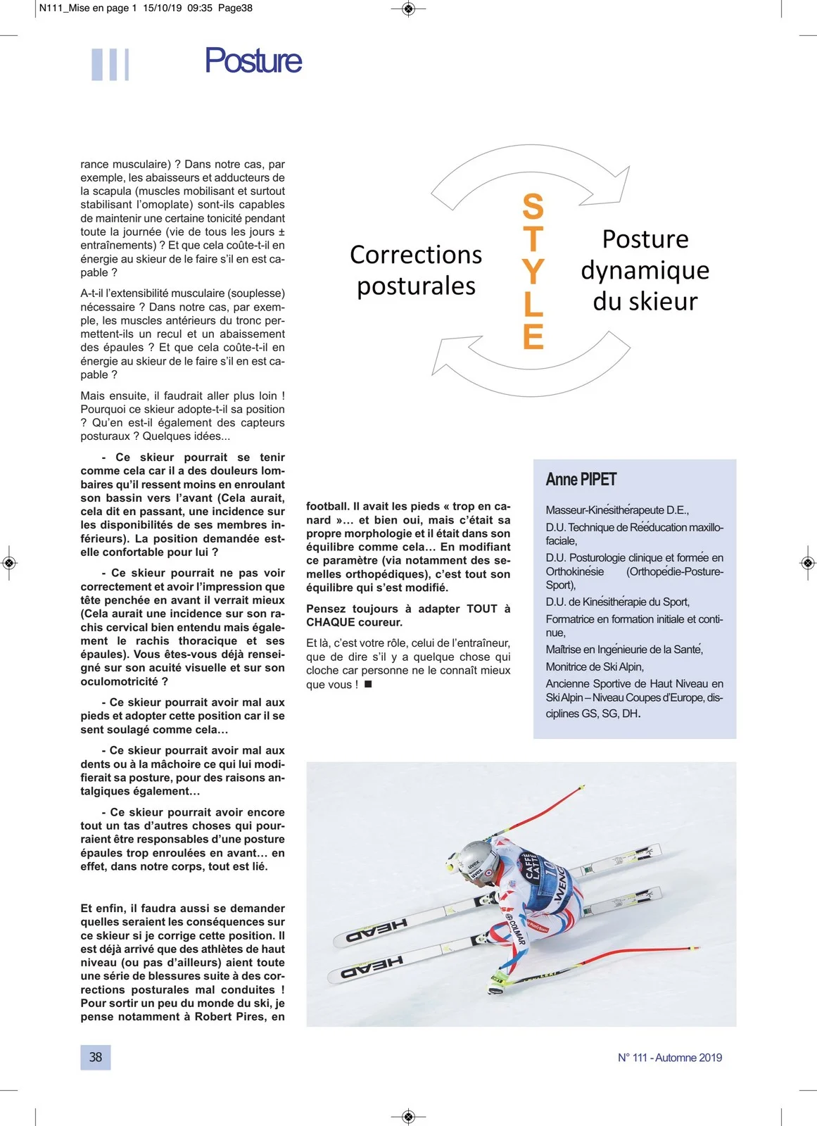 Article de Anne PIPET Formations en rééducation maxillo-faciales, posture et violences sur parlons de posture corporelle pour la revue de l’entraineur du ski alpin